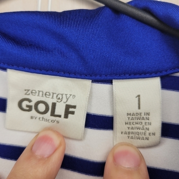 Chicos Zenergy Golf Navy & Lime Striped Top Sz Med (Chicos Size 1) - Picture 3 of 5